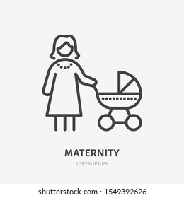 Mother baby line icon, vector pictogram of woman with stroller. Young mom on maternity leave, babysitting illustration, motherhood sign.