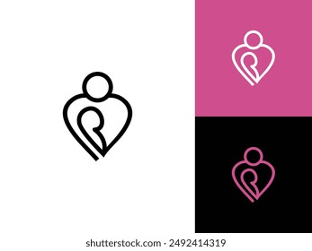 mother and baby line vector symbol, mom hugs her child logo design