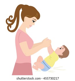 Mother and baby little boy vector illustration. Mom and baby playing isolated on white background. Mom and son cartoon illustration.