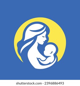 Mother and baby logo. Mom holding her child in her arms. Ukrainian, blue and yellow