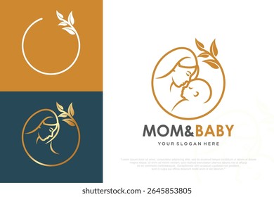 Logotipo da mãe e do bebê. Mãe segurando o filho nos braços, ilustração vetorial