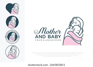 Logotipo da mãe e do bebê. Mãe segurando o filho nos braços, ilustração vetorial
