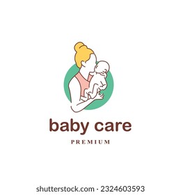 mother and baby logo, motherhood woman holding baby in her arms affectionately vector illustration