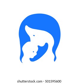 Mother and baby. Logo. Sweet baby. Young mother. Mother day logo. Hand drawn woman and baby. Blue logo design.