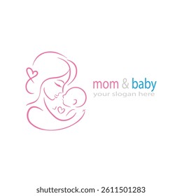 Mother and baby logo vector symbol. Mom hugs her child logo template.