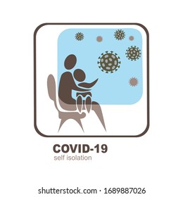 Mother and baby look out the window. Stay home concept from COVID-19 coronavirus prevention. Vector illustration. Flat design.