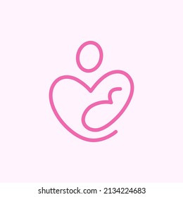 Mother baby love logo design. Mother holding baby with heart shape vector logo template.