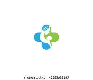 Mother And Baby With Medical Cross Symbol Logo Design Modern Vector Template.