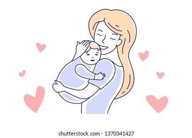 Mother and baby. Motherhood love. Mom hugging a child hand drawn style vector illustration isolated on white