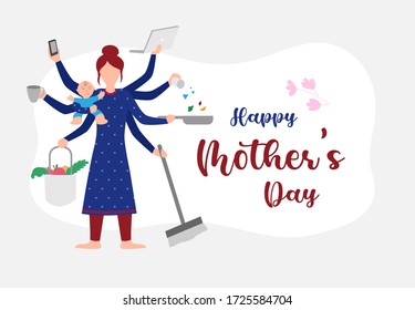 Mother and Baby, Multitasking, Working Woman, Super Mom, Indian, Happy Mothers Day, Cooking Cleaning, Vector Banner