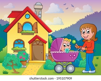 Mother with baby near house - eps10 vector illustration.