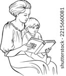 A mother with a baby on her lap reading a book. Hand-drawn black and white sketch depicting a happy mother and child. Black and white line vector drawing. For coloring books and illustrations.