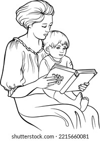 A mother with a baby on her lap reading a book. Hand-drawn black and white sketch depicting a happy mother and child. Black and white line vector drawing. For coloring books and illustrations.