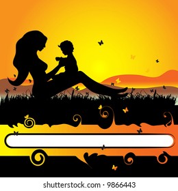 Mother with baby on the nature, black silhouette