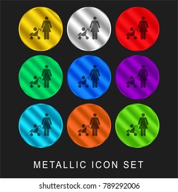 Mother with baby on stroller 9 color metallic chromium icon or logo set including gold and silver