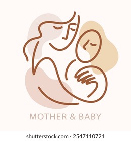 Mãe e Bebê Uma Linha Arte Desenho Aleitamento Aleitamento Grupo Logotipo Ilustração Vetorial