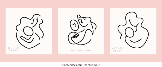 Mother and Baby One Line Art Drawing Set. Breastfeeding Support Group Logo Collection. Outline Vector Illustration