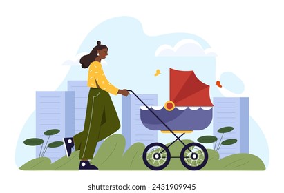 Madre con bebé al aire libre. Muchacha joven con el paseo del cochecito del bebé en parque de la ciudad en día soleado. Maternidad e infancia. Los padres cuidan a sus hijos. Ilustración plana del vector de la historieta aislada sobre fondo blanco