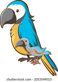 Mother and baby parrot bird cartoon on white background illustration