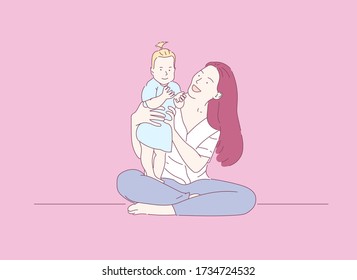 Mother and baby are playing inside the house, laughing happily. Hand drawn style vector design illustrations.