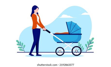 Mother with baby pram stroller - Woman walking with newborn in carriage outdoors with white background. Flat design vector illustration