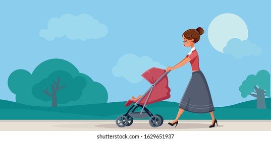 Mother with Baby in Pram Walking in the Park. Cute modern mommy walking her newborn outdoors in spring
