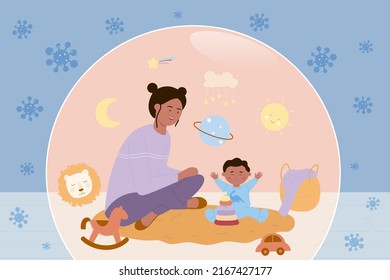 Mother and baby in protective immune bubble against coronavirus vector illustration. Cartoon mom and kid protect health from viruses with safety shield background. Epidemic, family care concept