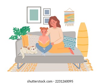 Mother with baby read book. Mom and daughter sitting on sofa and learning to read. Cartoon parent and kid spending leisure time together in living room interior vector illustration