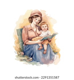 Mother and baby read a storybook illustration in watercolor for mothers day