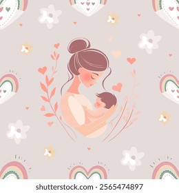 Mother and Baby Seamless Pattern with Hearts and Florals. Loving Mother and Child Illustration with Soft Pastels. Tender Motherhood Design with Hearts and Rainbows