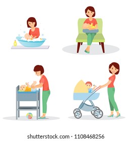 Mother and baby set. Isolated on white background. Cartoon style. Vector illustration