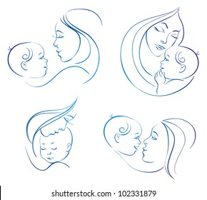 Mother with baby. Set of linear silhouette illustrations