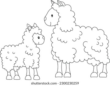 Mother and baby sheep. Coloring page for kids. Cartoon illustration for children isolated on white background.