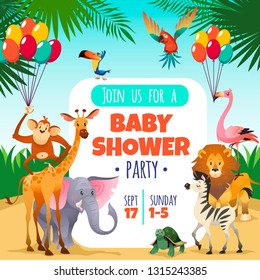 Mother baby shower. Template invitation children party greeting baby tropical animals card, cartoon vector poster