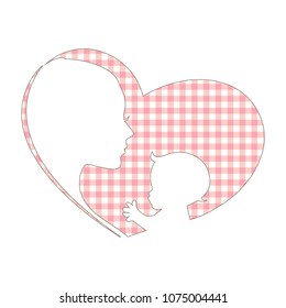 Mother and baby silhouette on the gingham pattern heart background vector illustration. Can be used for mother's day and baby shower celebration invitation and greeting card.