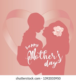 Mother and baby silhouette pink background and ribbon hearth
