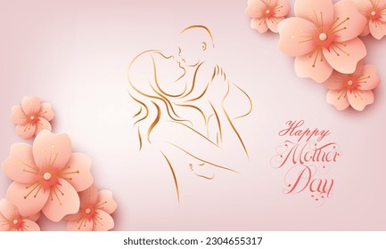 Mother and baby silhouettes. Card of Happy Mother's Day. Happy Mothers Day card of papercut mom and kid	