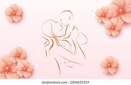 Mother and baby silhouettes. Card of Happy Mother's Day. Happy Mothers Day card of papercut mom and kid	