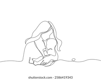 Mother and baby single line art vector illustration, mother's day celebration concept background.