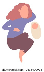 Mother and baby sleeping together. Co-sleep of mom and little child. Woman and newborn baby lying on bed. Flat vector illustration