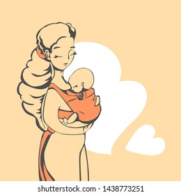 Mother with baby in sling, contour illustration with simple fillings