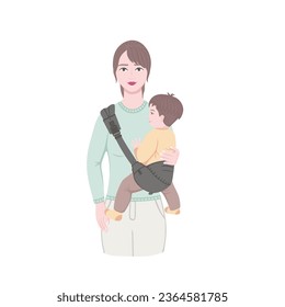 mother with baby in baby sling. Vector Illustration for printing, backgrounds, covers and packaging. Image can be used for greeting cards, posters, stickers and textile. Isolated on white background.