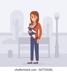 Mother with baby in sling. Vector illustration.
