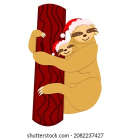 Mother and baby sloth hanging on a branch in red and white hat. Cute and funny. Cartoon style. Nature and ecology. Merry Christmas. Happy New Year.  Post card, poster, graphic design, textile