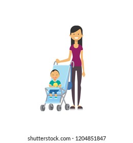 mother baby son in stroller full length avatar on white background, successful family concept, flat cartoon vector illustration