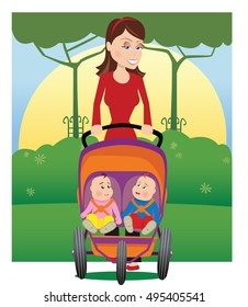 Mother and baby stroller.