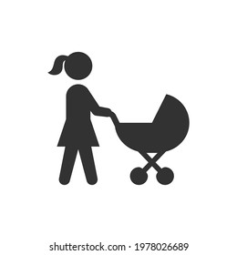 Mother And Baby Stroller Black Vector Icon. Woman Pushing Pram Symbol.