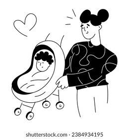 Mother with baby stroller, glyph illustration 