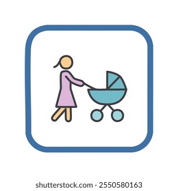 Mother with baby stroller icon. Flat color design. Vector illustration.