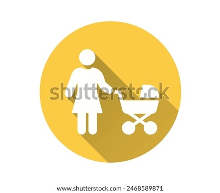 Mother and baby stroller icon, vector flat design with long shadow.